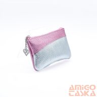   Amnisu metál rózsaszín / ezüst erezett ívelt egy cipzáras bőr kulcstartó c4001-1008