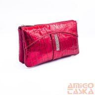   Amnisu piros lakk krokkómintás / erezett swarovski egyenesköves tripla cipzáras bőr pénztárca g5023