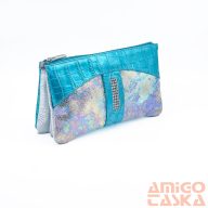   Amnisu türkiz lakk krokkómintás / ezüst hologramos / ezüst erezett swarovski egyenesköves tripla cipzáras bőr pénztárca g6020-3009