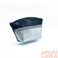   Amnisu fekete lakk kígyómintás / ezüst kettő cipzáras női bőr neszeszer i8023