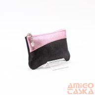   Amnisu fényes fekete / metál rózsaszín ívelt egy cipzáras bőr kulcstartó c8006