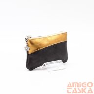   Amnisu fényes fekete / óarany ívelt egy cipzáras bőr kulcstartó c8006