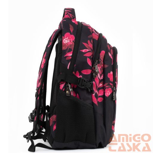 Budmil fekete / pink virágmintás textil hátizsák 10110149/s89
