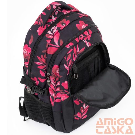 Budmil fekete / pink virágmintás textil hátizsák 10110149/s89