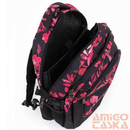 Budmil fekete / pink virágmintás textil hátizsák 10110149/s89