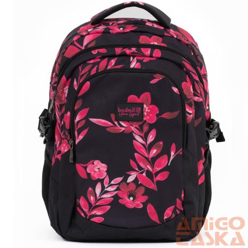 Budmil fekete / pink virágmintás textil hátizsák 10110149/s89