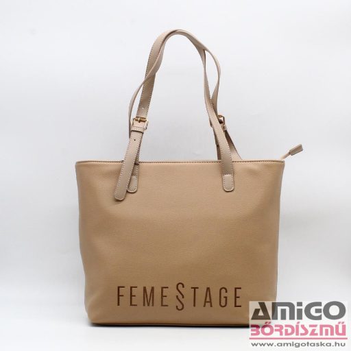 Femestage bézs / sötétbézs erezett nagy női rostbőr válltáska bag0800-015
