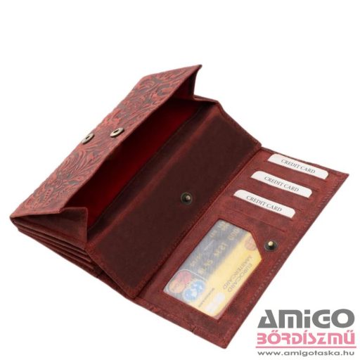 Green deed piros / nyomott virágmintás belül patentos nagy női bőr pénztárca dvg-438