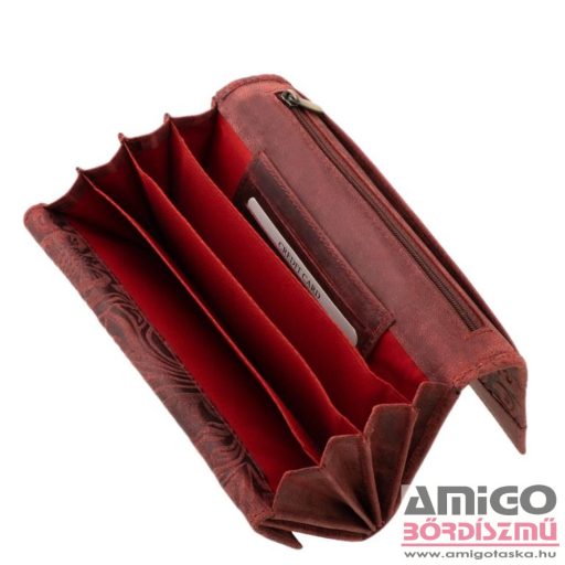 Green deed piros / nyomott virágmintás belül patentos nagy női bőr pénztárca dvg-438