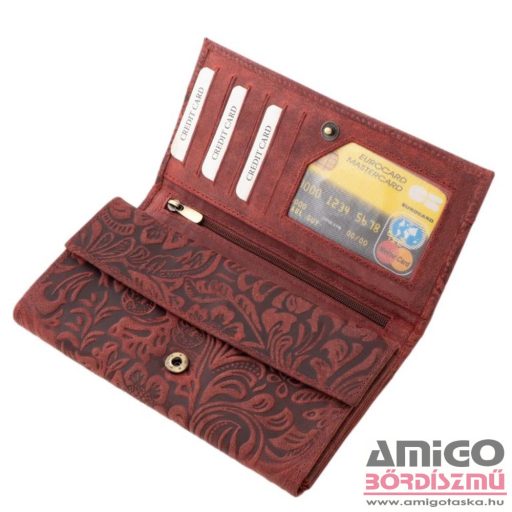 Green deed piros / nyomott virágmintás belül patentos nagy női bőr pénztárca dvg-438