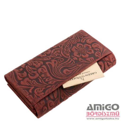Green deed piros / nyomott virágmintás belül patentos nagy női bőr pénztárca dvg-438