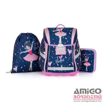  Oxy bag sötétkék / rózsaszín csillámos / balerinás ergonómiai iskolatáska tolltartó + tornazsák szett 0-98223