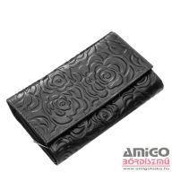   Sylvia belmonte fényes fekete / rózsamintás belül cipzáras nagy női bőr pénztárca ro-100