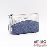   Terazo farmerkék / fényes rücskös ezüst lakk tripla cipzáras női textil / rostbőr pénztárca