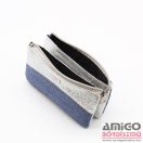 Terazo farmerkék / fényes rücskös ezüst lakk tripla cipzáras női textil / rostbőr pénztárca