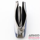 Terazo farmerkék / fényes rücskös ezüst lakk tripla cipzáras női textil / rostbőr pénztárca