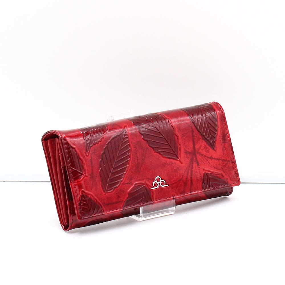Bőr piros / lakk / nagy levélmintás belül cipzáras nagy női bőr pénztárca x-052