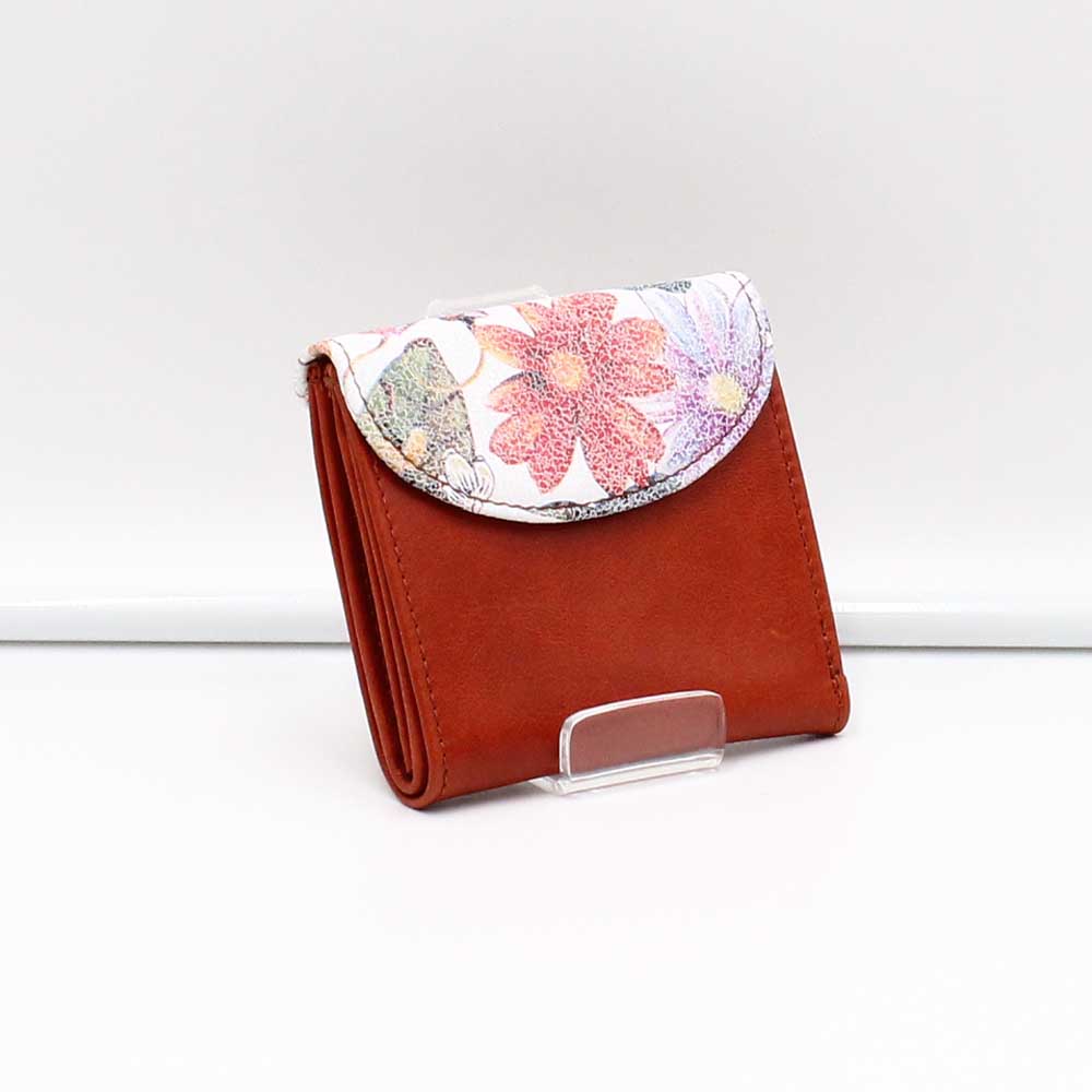 Gibidium narancssárga / színes virágmintás patentos kicsi női bőr pénztárca kari