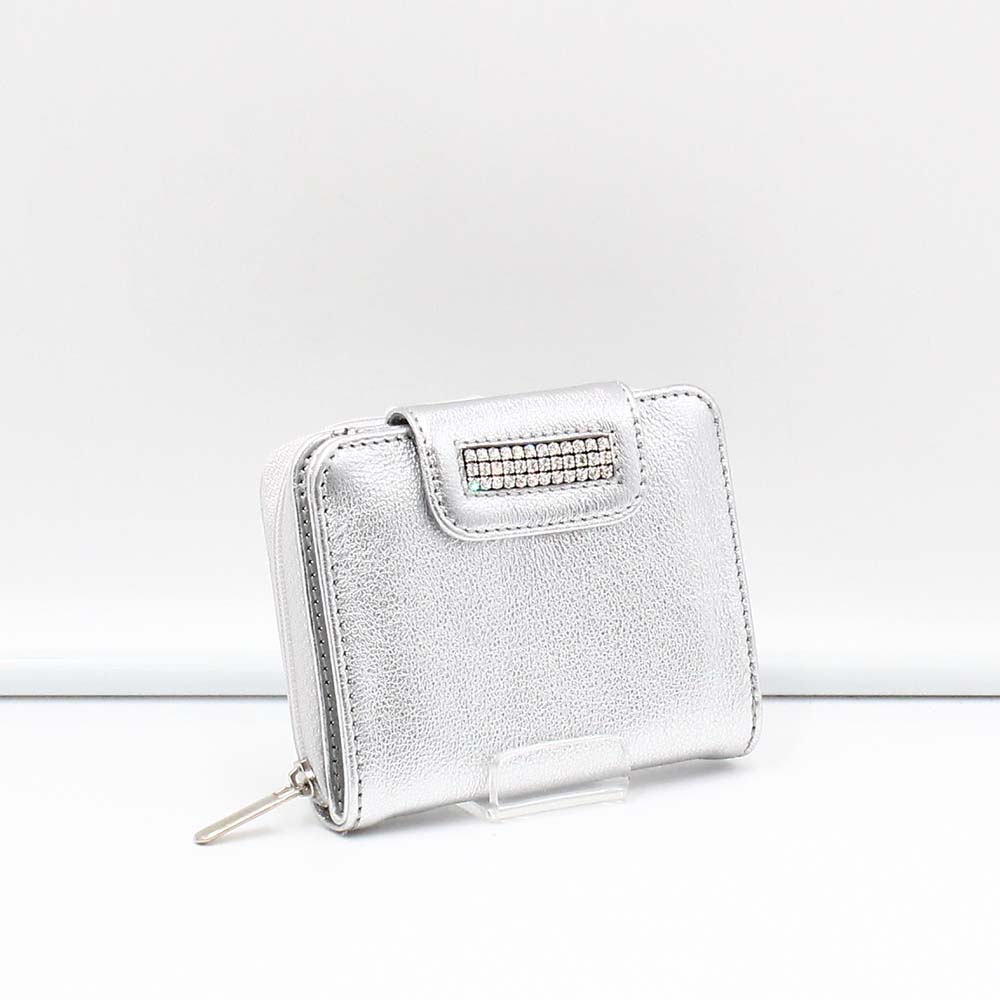 Lewitzky ezüst / fényes gyűrt ezüst swarovski egyenes köves kívül cipzáras kicsi női bőr pénztárca