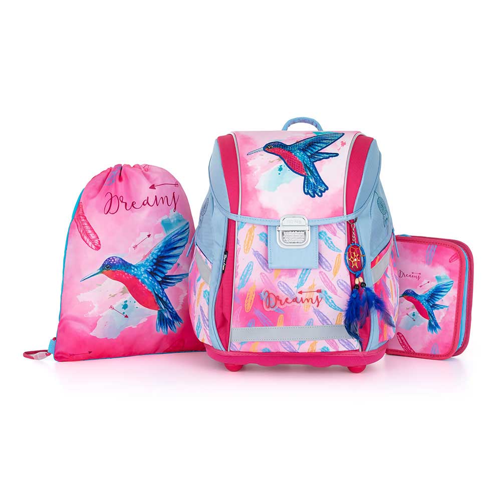 Oxy bag pink / világoskék / kolibris ergonómiai iskolatáska tolltartó + tornazsák szett 0-59623