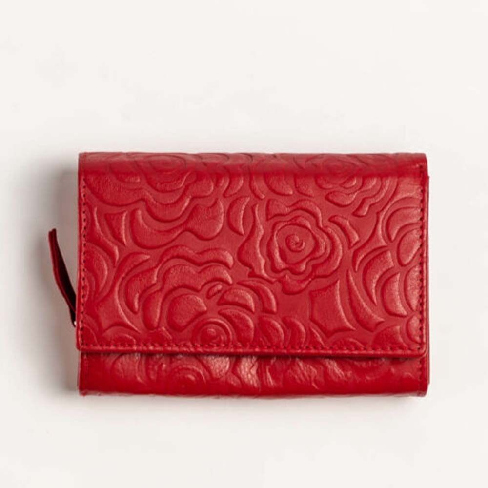 Sylvia belmonte fényes piros / rózsamintás cipzáras patentos kicsi női bőr pénztárca ro-06